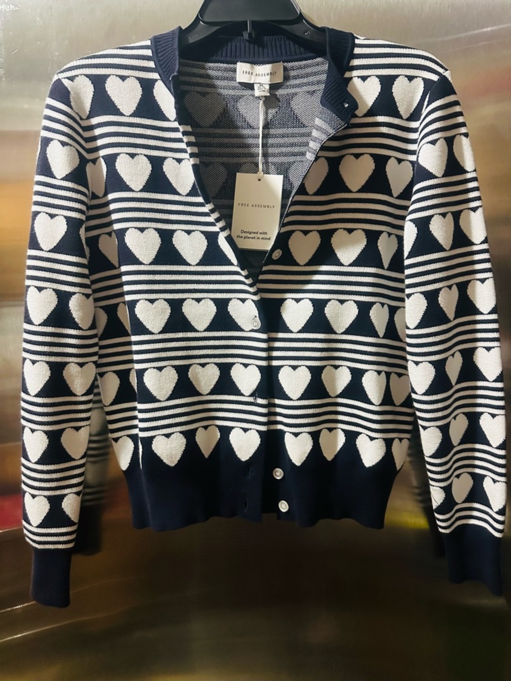 Free Assembly✨🖤💙 Midnight Blue & White Heart-Striped Cardigan